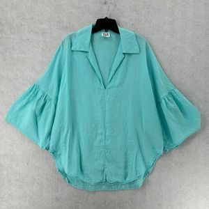 PLANET by Lauren G 100% Linen Tunic Top‎ Womens OS Laganlook Teal Bell Sleeves